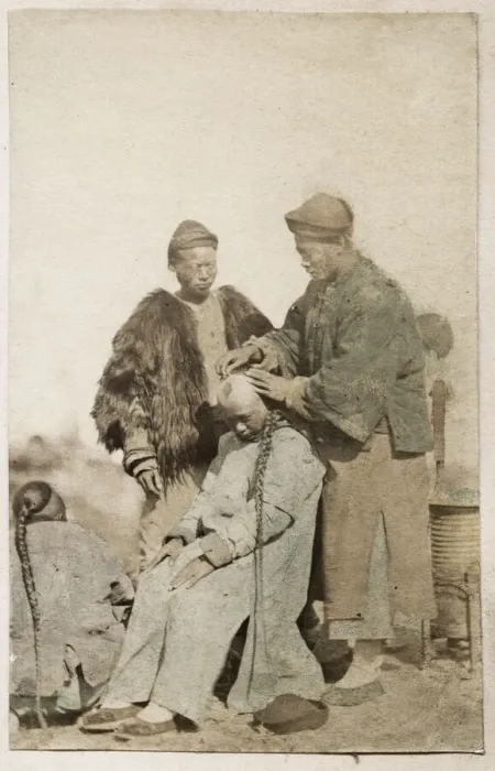 Framed Print : Vintage 19th century photograph: John Thomson carte de visite China: street barber Framed Print : Vintage 19th century photograph: John Thomson carte de visite China: street barber