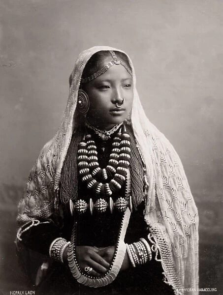 Vintage 19th century photograph: Nepalese, Nepali, Nepal woman in traditional clothes