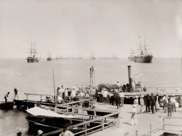 Framed Print : Vintage 19th century photograph: pier at Ismailia, steam launch and ships in the harbour Framed Print : Vintage 19th century photograph: pier at Ismailia, steam launch and ships in the harbour