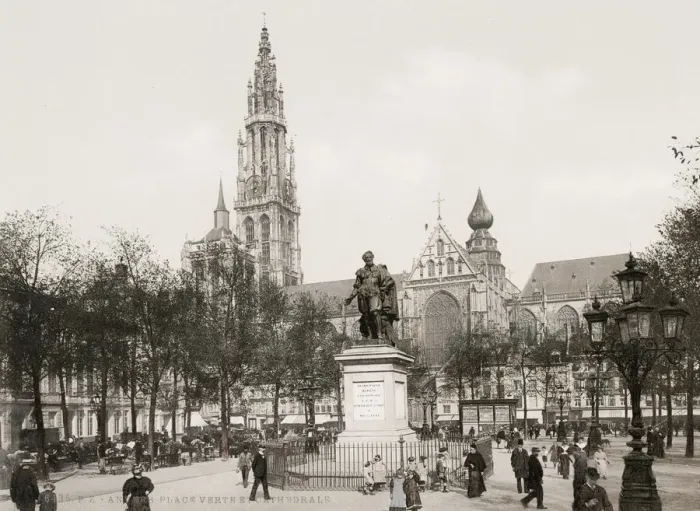Framed Print : Vintage 19th century photograph: Place Verte and Cathedrasl, Anvers, Antwerp, Belgium Framed Print : Vintage 19th century photograph: Place Verte and Cathedrasl, Anvers, Antwerp, Belgium