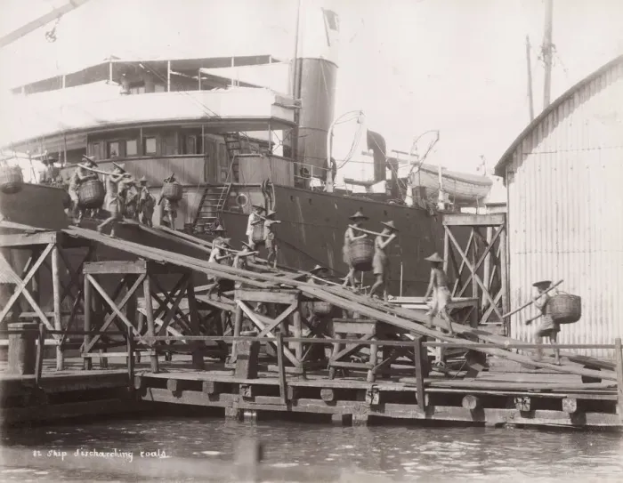 Framed Print : Vintage 19th century photograph: Ship discharging coal, porters, labourers, Singapore Framed Print : Vintage 19th century photograph: Ship discharging coal, porters, labourers, Singapore