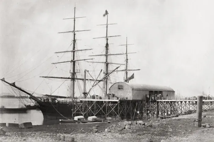 Framed Print : Vintage 19th century photograph: ship at iron wharf, scaffolding, Rangoon, Burma, Yangon Framed Print : Vintage 19th century photograph: ship at iron wharf, scaffolding, Rangoon, Burma, Yangon