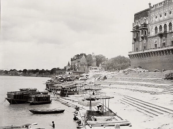 Vintage 19th century photograph: temple ghat, Benares, Varanasi, India
