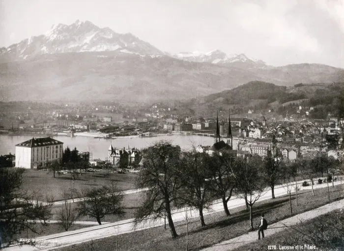 Framed Print : Vintage 19th century photograph - town and lake of Lucerne and Mount Pilatus Framed Print : Vintage 19th century photograph - town and lake of Lucerne and Mount Pilatus