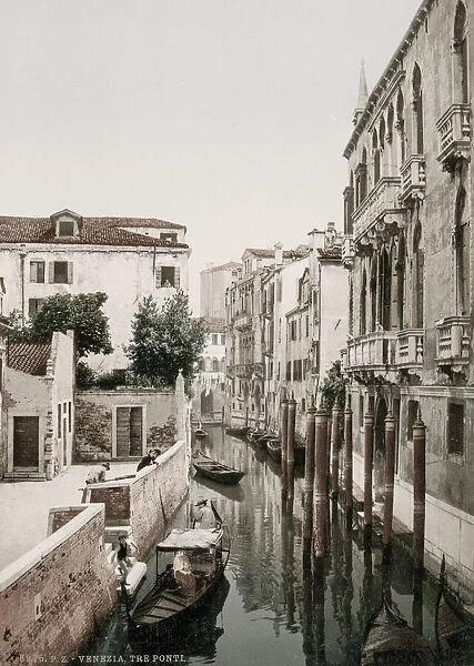 Vintage 19th century photograph: Tre Ponti, canal Venice, Italy