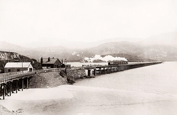 Vintage 19th century photograph - United Kingdom - Barmouth, Wales, bridge and estuary