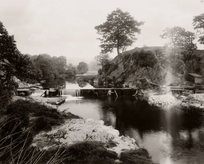 Framed Print : Vintage 19th century photograph - United Kingdom - castle hill and river weir, Rhayader Framed Print : Vintage 19th century photograph - United Kingdom - castle hill and river weir, Rhayader