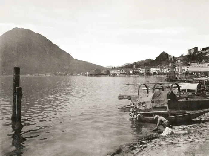 Framed Print : Vintage 19th century photograph - view of the shore of Lugano town and the lake Framed Print : Vintage 19th century photograph - view of the shore of Lugano town and the lake