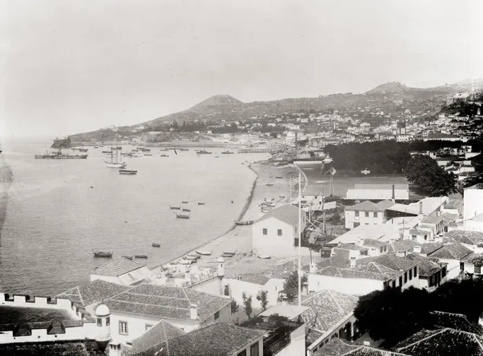 Framed Print : Vintage 19th century photograph: Waterfront view Madeira, Portugal, boats and beach Framed Print : Vintage 19th century photograph: Waterfront view Madeira, Portugal, boats and beach