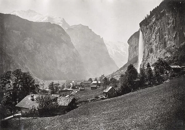Vintage late 19th century photograph - Laurebrunnen and the Staubbach Waterfall