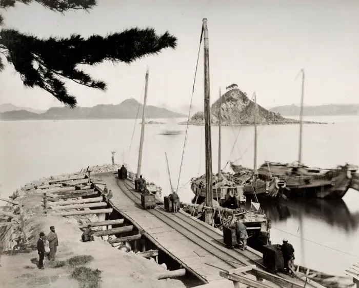 Framed Print : Vintage late 19th century photograph: Cargo loaded on ships, Nagasaki Japan Framed Print : Vintage late 19th century photograph: Cargo loaded on ships, Nagasaki Japan