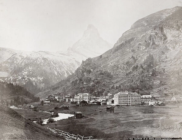 Vintage late 19th century photograph - village of Zermatt and Mont Cervin Palace Hotel