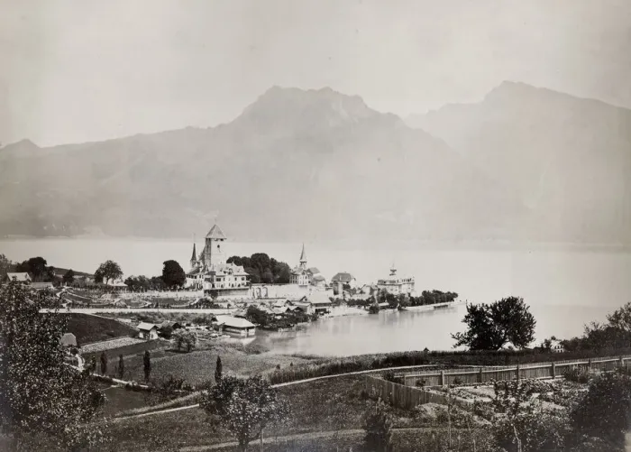 Framed Print : Vintage late 19th century photograph - village of Spietz on the shore of Lake Thun, Switzerland Framed Print : Vintage late 19th century photograph - village of Spietz on the shore of Lake Thun, Switzerland