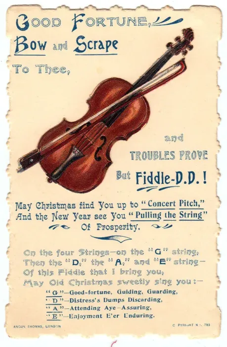 Framed Print : Violin with comic verse on a Christmas and New Year card Framed Print : Violin with comic verse on a Christmas and New Year card