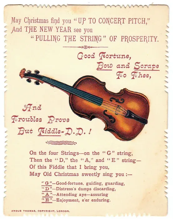 Framed Print : Violin with comic verse on a Christmas and New Year card Framed Print : Violin with comic verse on a Christmas and New Year card