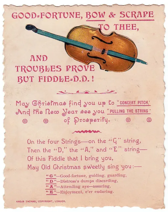 Framed Print : Violin with comic verse on a Christmas and New Year card Framed Print : Violin with comic verse on a Christmas and New Year card