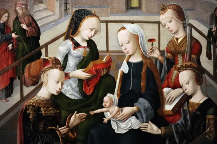 Framed Print : The Virgin and Child with Four Holy Virgins, c. 1495-1500, b Framed Print : The Virgin and Child with Four Holy Virgins, c. 1495-1500, b