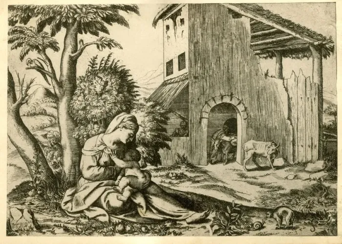 Framed Print : Virgin Mary with Baby Jesus outside the stable Framed Print : Virgin Mary with Baby Jesus outside the stable