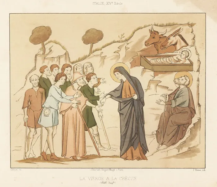 Framed Print : The Virgin Mary giving alms to unfortunates at the manger Framed Print : The Virgin Mary giving alms to unfortunates at the manger