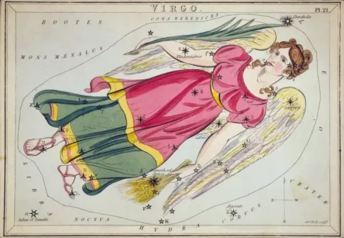 Framed Print : Virgo. Astronomical chart showing a winged virgin holding wheat in her left hand Framed Print : Virgo. Astronomical chart showing a winged virgin holding wheat in her left hand
