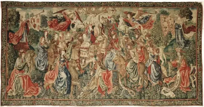 Framed Print : Virtues win to Vices. Flemish tapestry 1510 c Framed Print : Virtues win to Vices. Flemish tapestry 1510 c