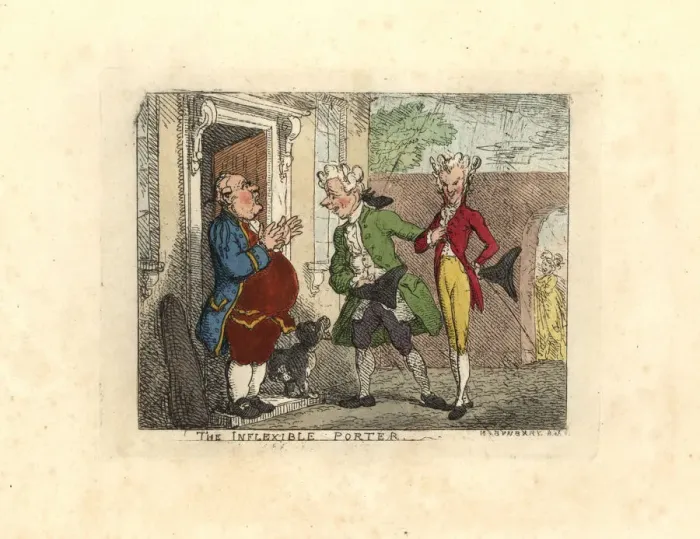 Framed Print : Visiting gentlemen refused entry to a house by a servant Framed Print : Visiting gentlemen refused entry to a house by a servant