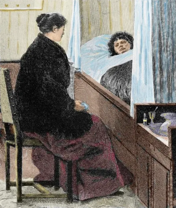 Framed Print : Visiting a sick woman. Colored engraving Framed Print : Visiting a sick woman. Colored engraving