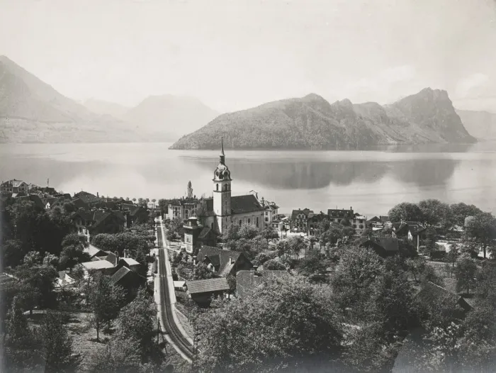 Framed Print : Vitznau, Lake Lucerne Siwtzerland and the Rigi railway Framed Print : Vitznau, Lake Lucerne Siwtzerland and the Rigi railway