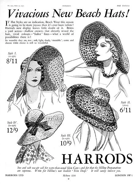 Vivacious new beach hats, Harrods advertisement 1931