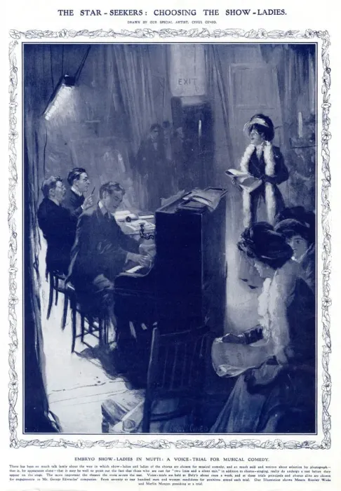 Framed Print : Voice audition for female role in a musical 1908 Framed Print : Voice audition for female role in a musical 1908