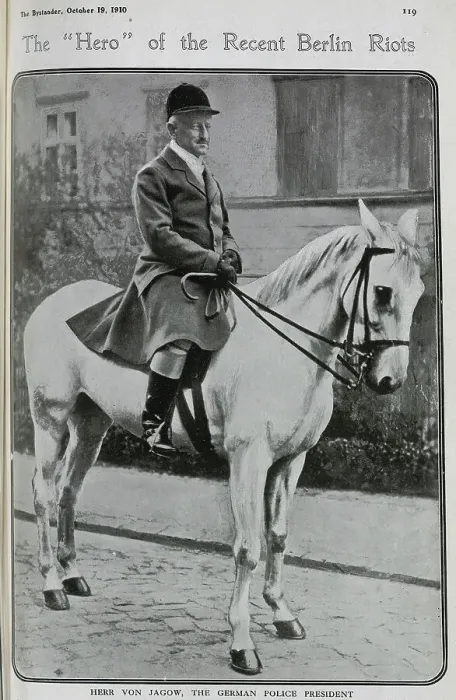 Framed Print : Her Von Jagow, the German Police President, photographed on horseback, in hunting gear. Captioned, The Hero of the Recent Berlin Riots Framed Print : Her Von Jagow, the German Police President, photographed on horseback, in hunting gear. Captioned, The Hero of the Recent Berlin Riots