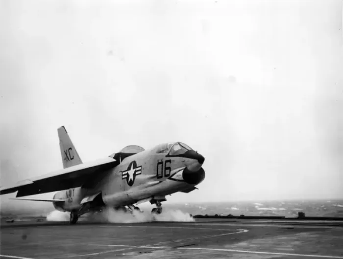 Framed Print : A Vought F8U-1 Crusader is catapulted off Framed Print : A Vought F8U-1 Crusader is catapulted off