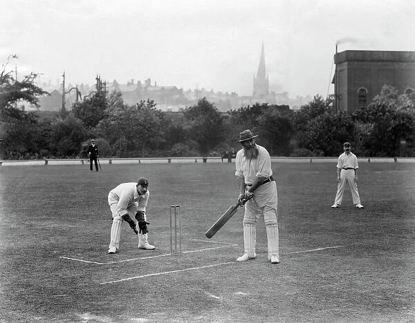 W G Grace. William Gilbert Grace playing cricket at Chesterfield, 10 August 1904 Date