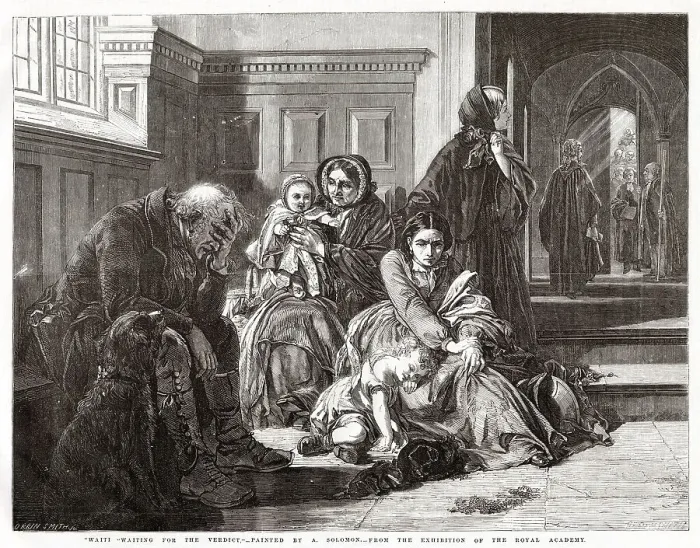 Framed Print : Waiting for the Verdict by Abraham Solomon, exhibited at the Royal Academy in 1857. A family wait nervously outside a court room to hear the verdict. Date: 1857 Framed Print : Waiting for the Verdict by Abraham Solomon, exhibited at the Royal Academy in 1857. A family wait nervously outside a court room to hear the verdict. Date: 1857