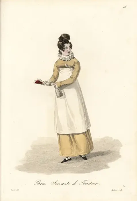 Framed Print : Waitress, 19th century, in long dress with lace collar Framed Print : Waitress, 19th century, in long dress with lace collar