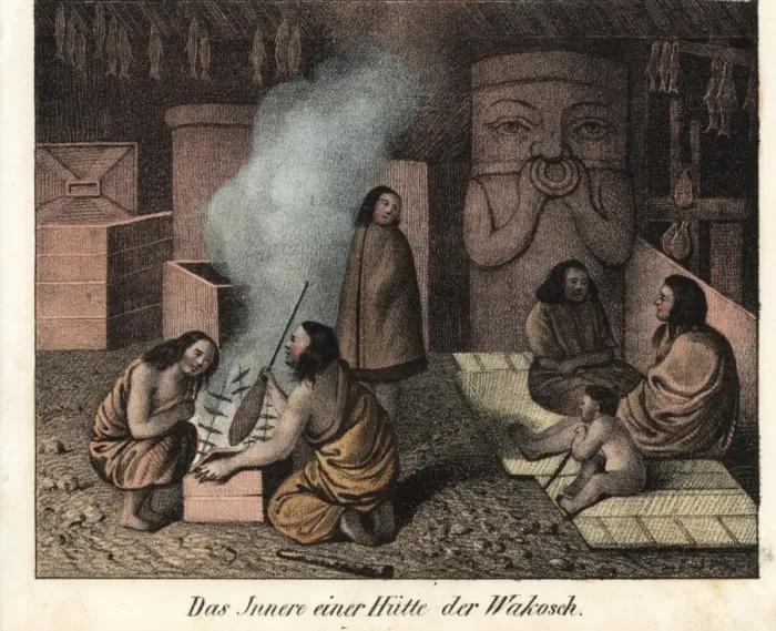 Framed Print : Wakashan hut, with men barbecuing fish, totem Framed Print : Wakashan hut, with men barbecuing fish, totem
