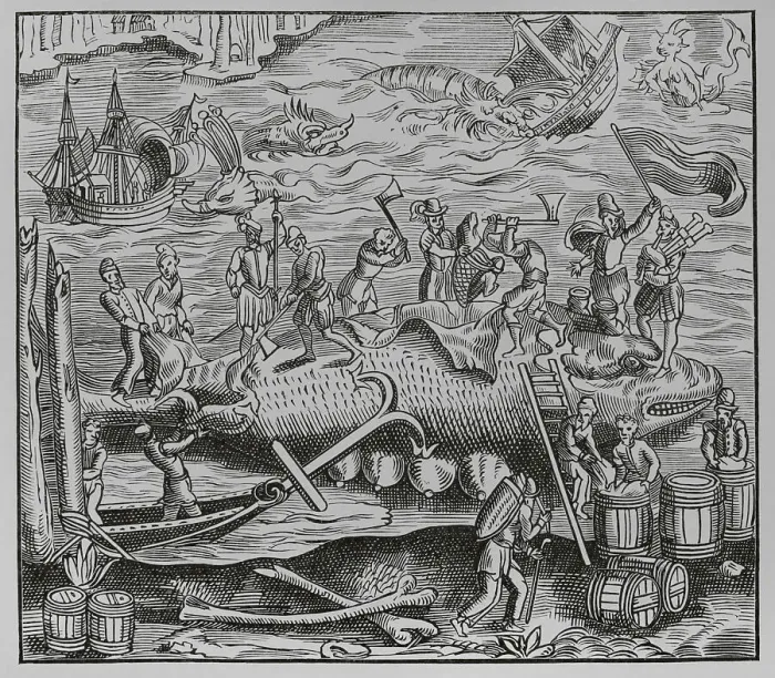 Framed Print : Wale fishing. Facsimile after a woodcut from La