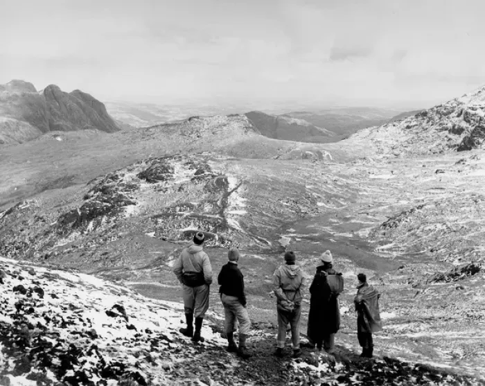 Framed Print : Five walkers looking back over the Langdales Framed Print : Five walkers looking back over the Langdales