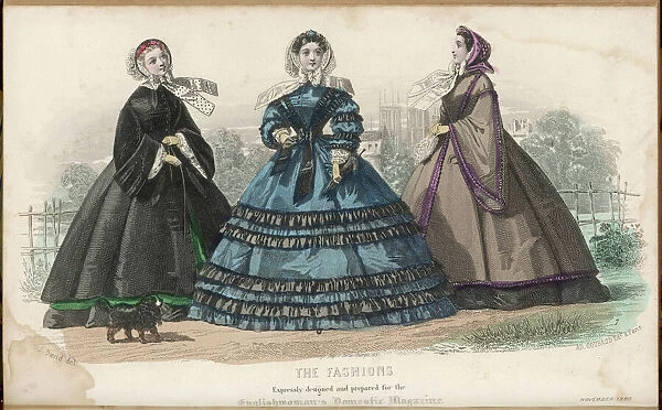Walking Dress 1860. Black velvet mantle, green silk dress; blue silk dress
