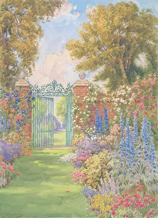 Framed Print : Walled garden with flower borders and gates Garden Framed Print : Walled garden with flower borders and gates Garden