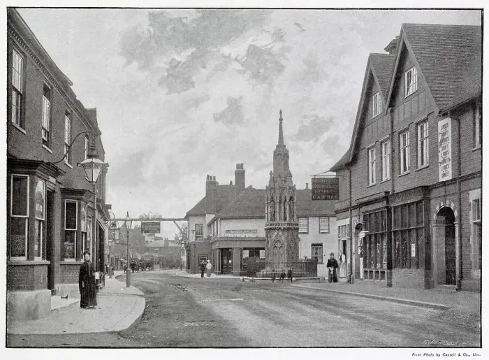 Framed Print : Waltham Cross in Broxbourne, Hertfordshire. The Eleanor Cross was erected by Edward I to mark the spot where a halt was made when the body of Eleanor of Castile was being conveyed from Nottinghamshire to Westminster. Date: 1901 Framed Print : Waltham Cross in Broxbourne, Hertfordshire. The Eleanor Cross was erected by Edward I to mark the spot where a halt was made when the body of Eleanor of Castile was being conveyed from Nottinghamshire to Westminster. Date: 1901