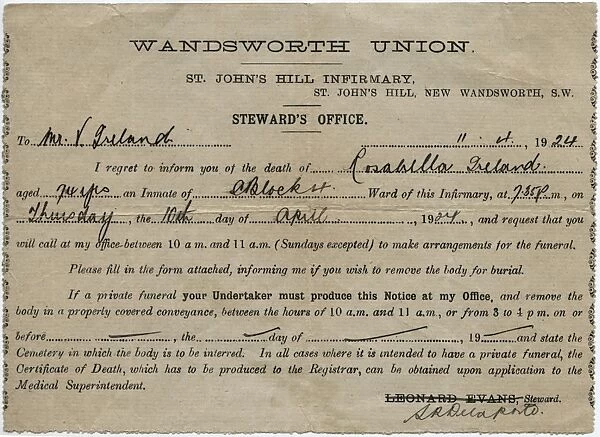 Wandsworth Workhouse Death Notice