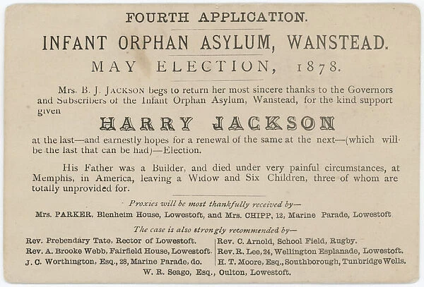 Wanstead Infant Orphan Asylum - Election Lobby Card