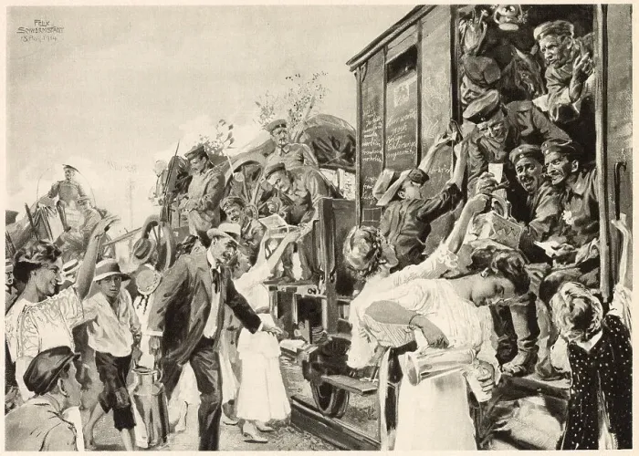 Framed Print : As war breaks out, German soldiers are speeded to death or glory by their loved ones Date: 1914