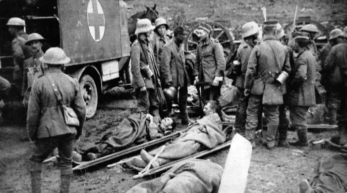Framed Print : War casualties awaiting treatment at a dressing station Framed Print : War casualties awaiting treatment at a dressing station