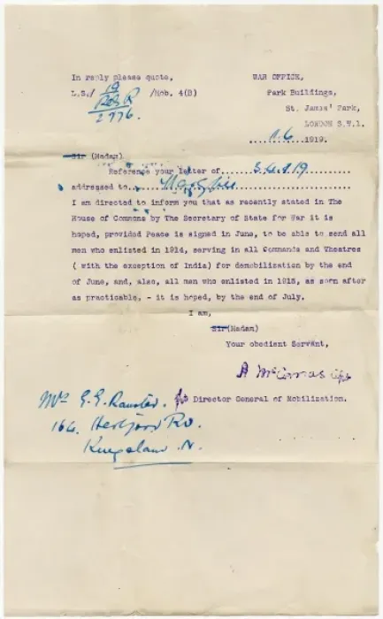 Framed Print : War Office letter to Mrs G G Ranstead Framed Print : War Office letter to Mrs G G Ranstead