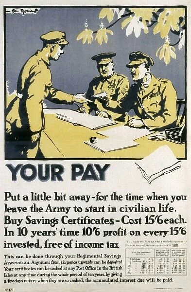 War Pay Poster. Information poster encouraging soldiers to save some of