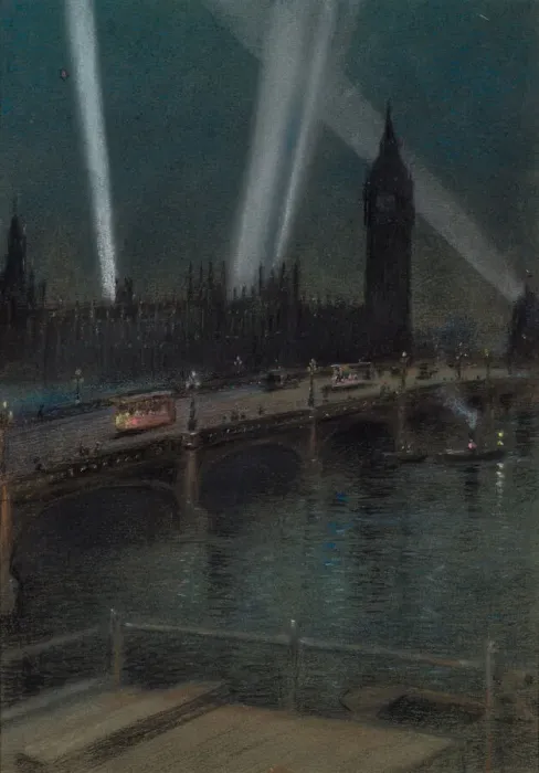 Framed Print : War Searchlights over Westminster Bridge, WW1 Framed Print : War Searchlights over Westminster Bridge, WW1