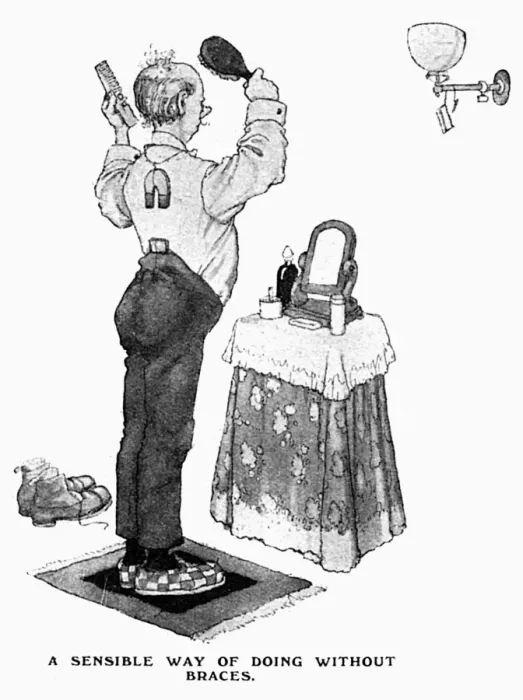 Framed Print : War-Time Economies Doing without Braces, WW1 Heath Robinson Framed Print : War-Time Economies Doing without Braces, WW1 Heath Robinson