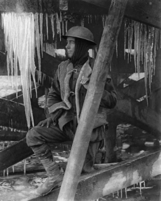 Framed Print : A warmly clad British soldier amongst icicles Framed Print : A warmly clad British soldier amongst icicles